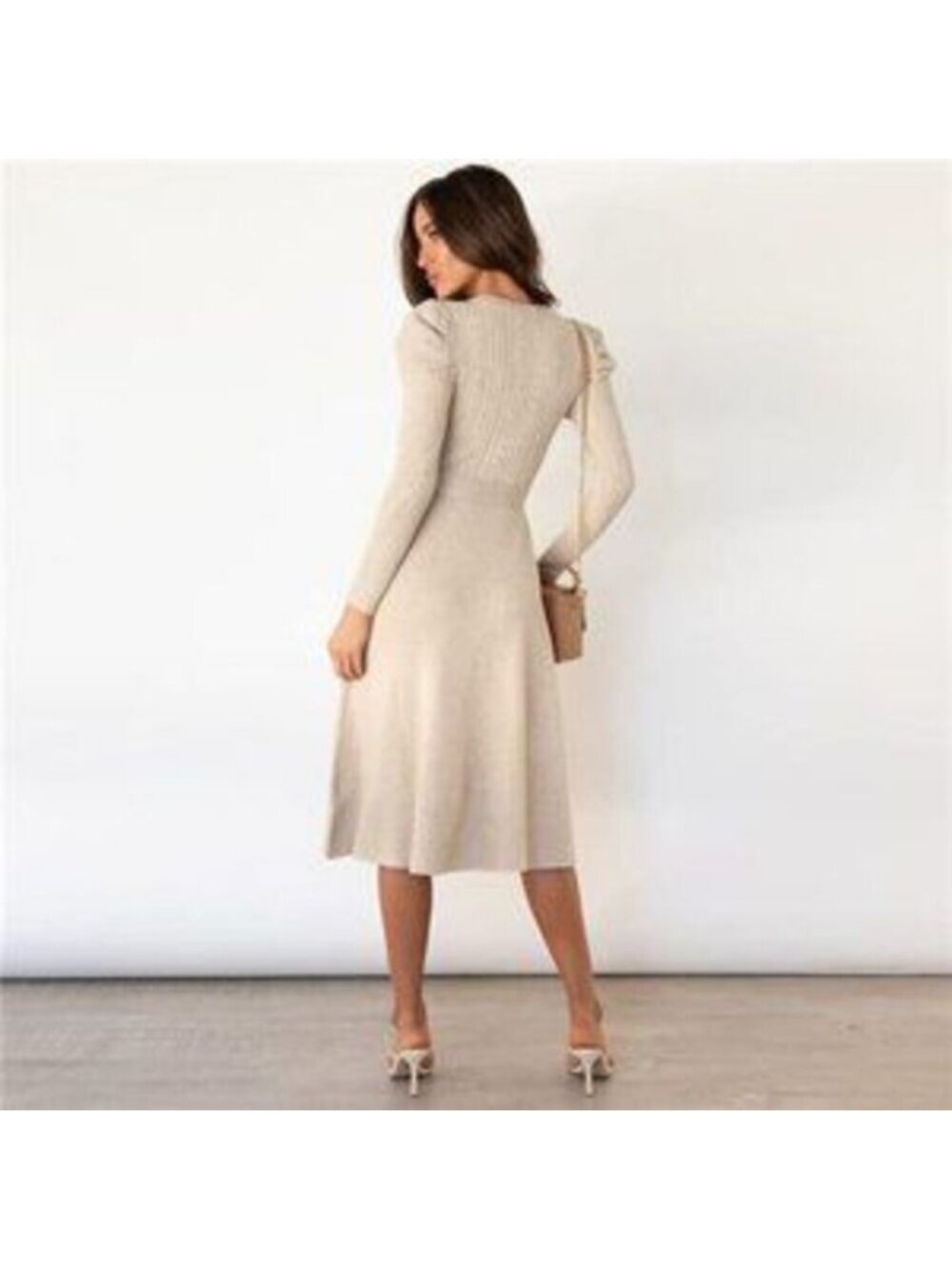 Women's Crew Neck Knit Midi Sweater Dress with Belt Long Sleeve Maxi Dress - Picture 2 of 4